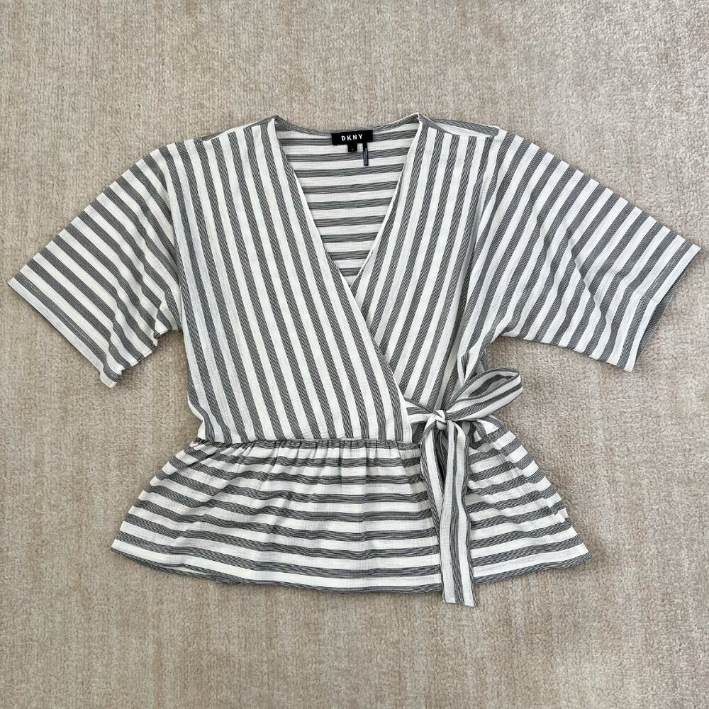 DKNY Faux Wrap Stripe Short Sleeve Blouse Top S